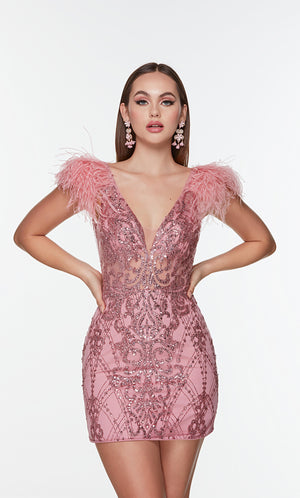 Sequin mini dress with a plunging neckline, sheer bodice, and feather accents in pink. Color-SWATCH_4501__LIGHT-MAUVE
