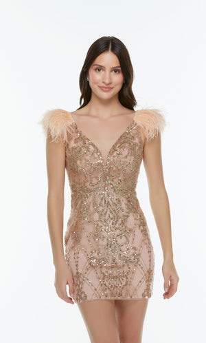 Gold sequin mini dress with a plunging neckline, sheer bodice, and feathers. Color-SWATCH_4501__SAND