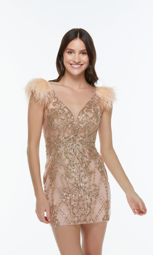 Gold sequin short homecoming dress with a plunging neckline, sheer bodice, and feathers.