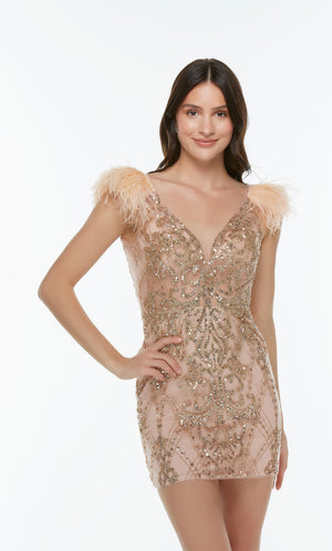 Gold sequin cocktail dress with a plunging neckline, sheer bodice, and feathers.