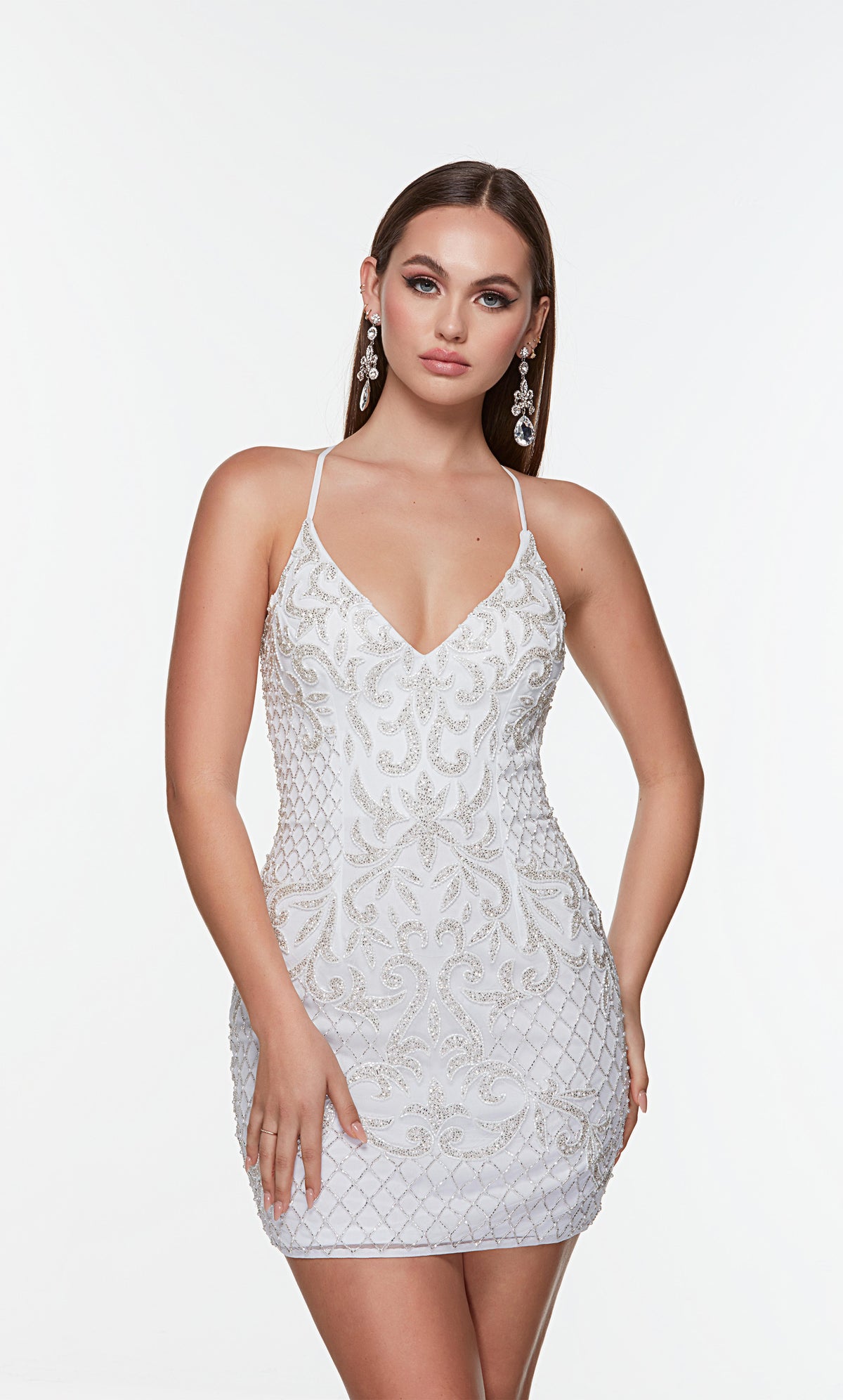 White short beaded dress with a V shaped neckline. Color-SWATCH_4506__DIAMOND-WHITE