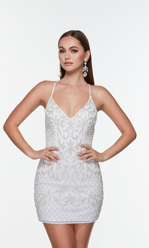 White short beaded homecoming dress with a V shaped neckline.