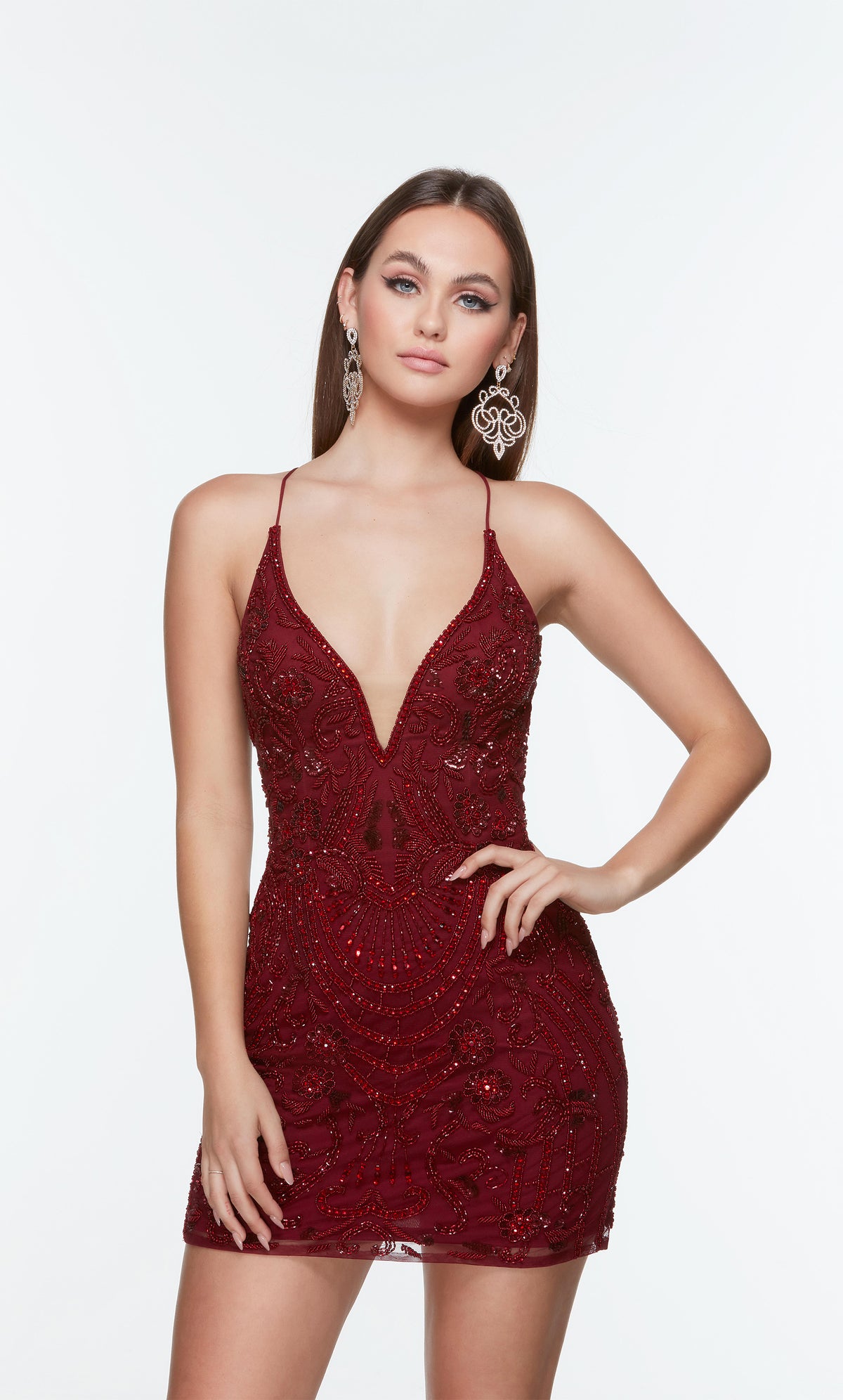 Burgundy beaded cocktail dress with a plunging neckline.