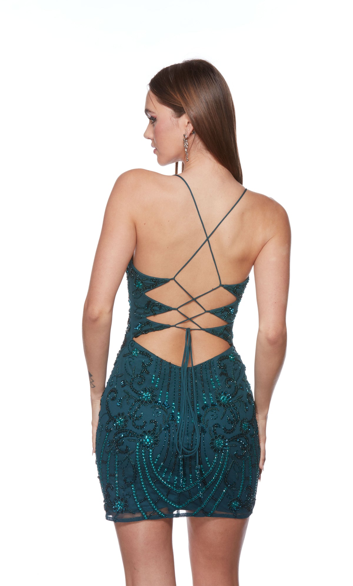 A dragonfly (blue-green) colored, hand beaded mini dress with a strappy back.