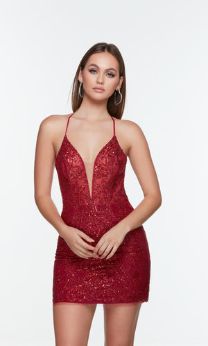 Short red glitter dress with a plunging neckline and spaghetti straps. Color-SWATCH_4513__CLARET
