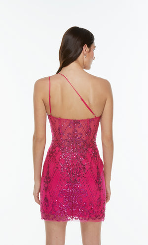 Short one shoulder sparkly homecoming dress with adjustable straps in hot pink.