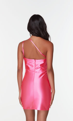 Short one shoulder hot pink mini dress with adjustable straps.