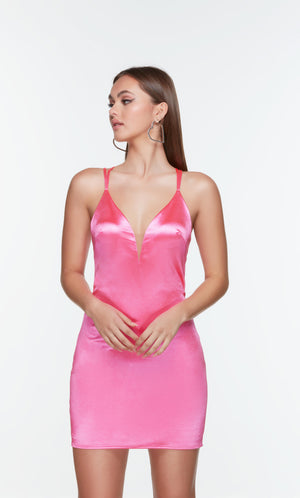 Short satin hot pink homecoming dress with a plunging neckline and double spaghetti straps. Color-SWATCH_4522__SHOCKING-PINK