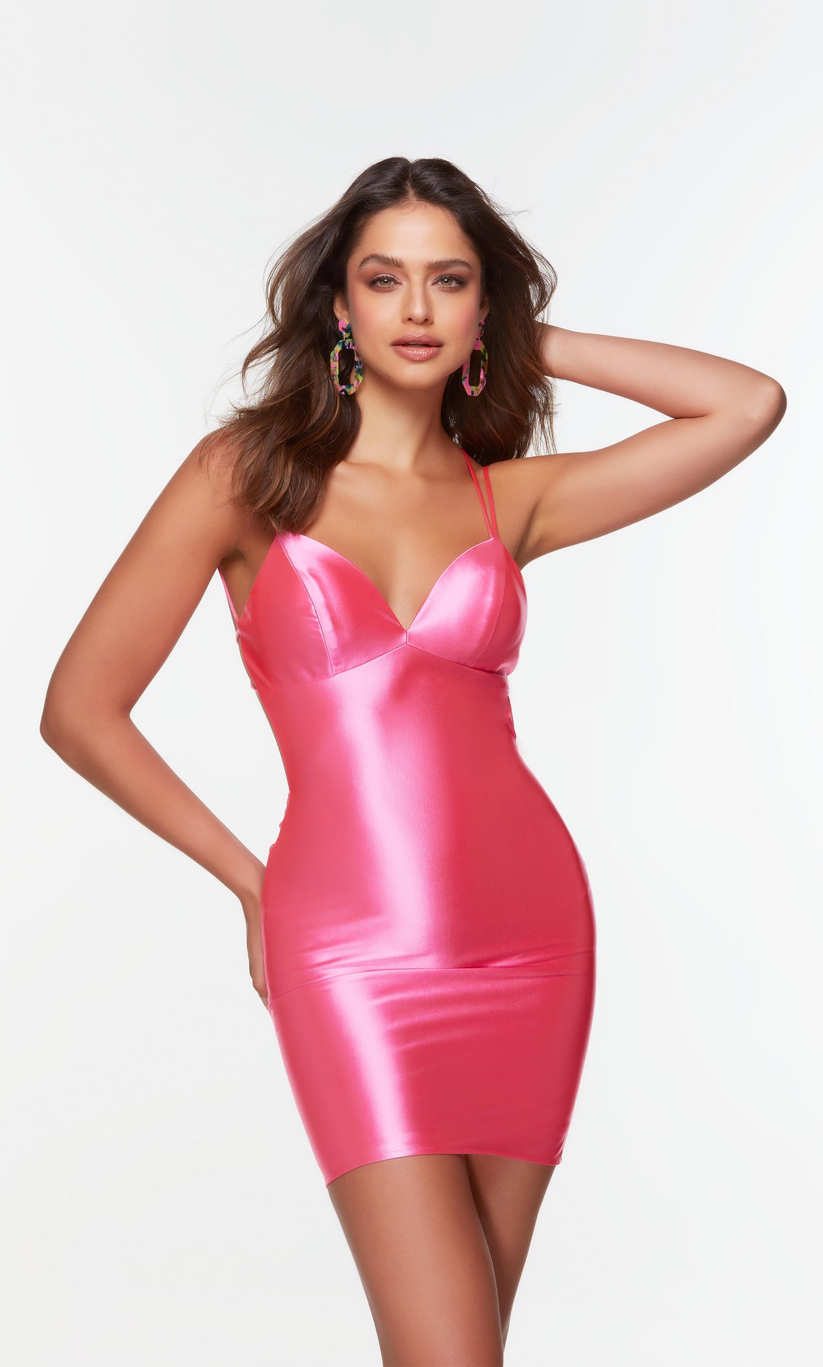 Shocking pink cocktail dress with a V neckline and double spaghetti straps. Color-SWATCH_4523__SHOCKING-PINK