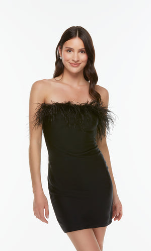 Strapless black homecoming dress with feather trim. Color-SWATCH_4524__BLACK