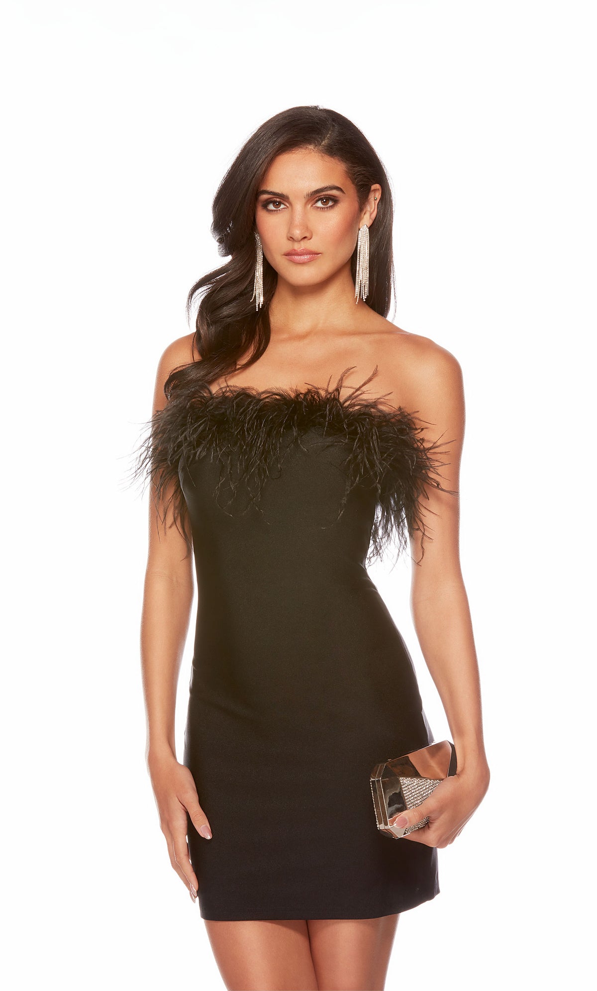 Strapless feather dress in a black stretch satin fabrication. Color-SWATCH_4524__BLACK