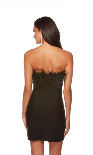 Strapless feather dress with a zip-up back in a black stretch satin fabrication.
