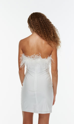 Strapless white dress with feathers. Tube dress.