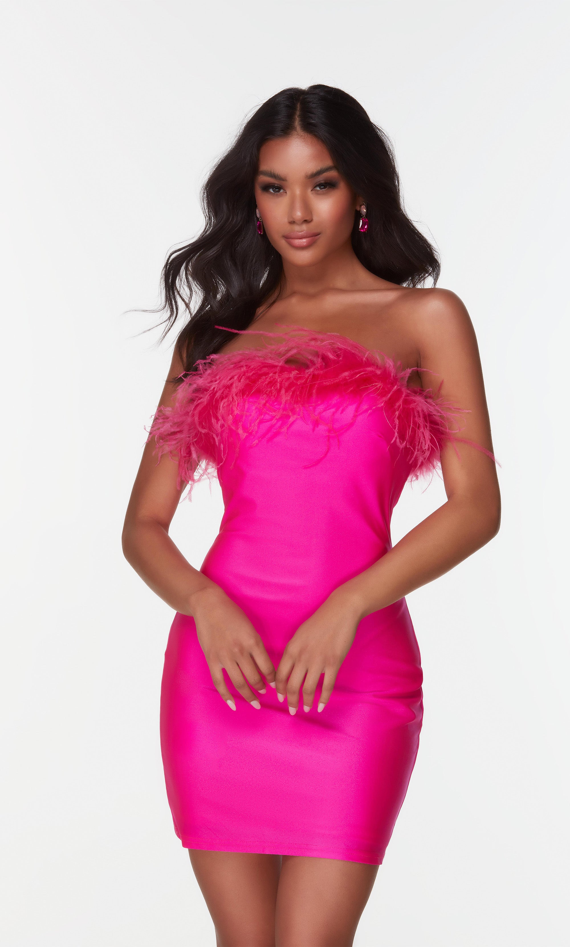Strapless pink feather dress. Tube dress. Color-SWATCH_4524__ELECTRIC-FUCHSIA