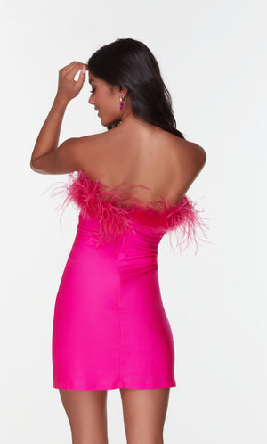 Strapless hot pink hoco dress with feathers. Tube dress.