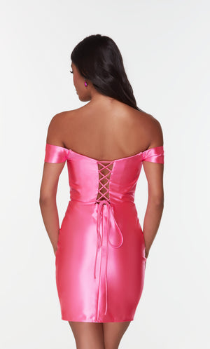 Off the shoulder hot pink homecoming dress with a lace up back.