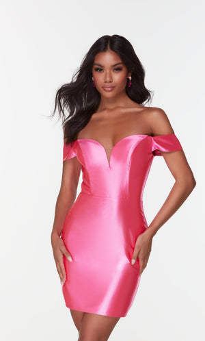 Satin off the shoulder mini dress in hot pink.