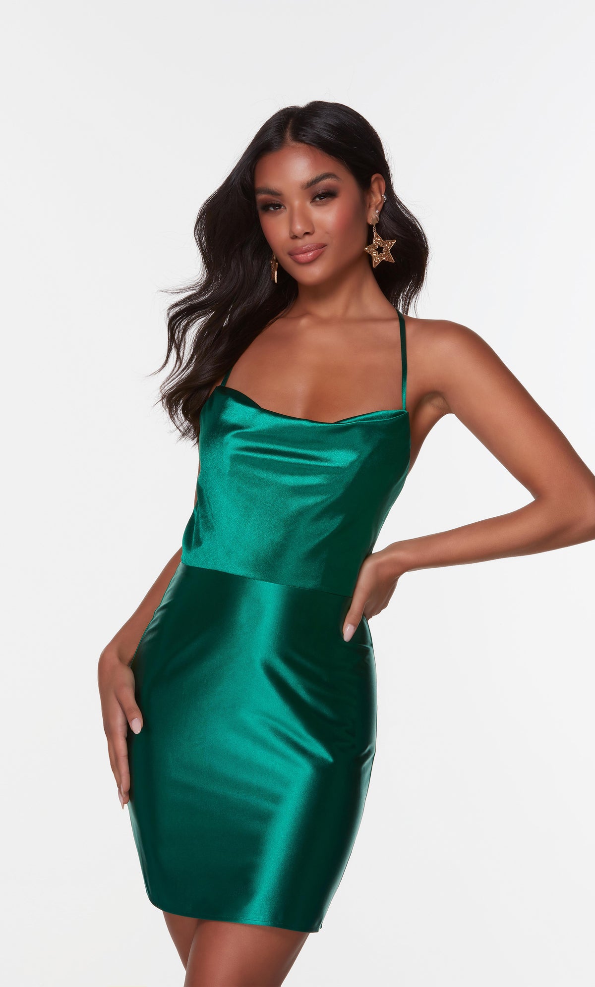 Cowl neck pine green homecoming dress. Color-SWATCH_4528__PINE
