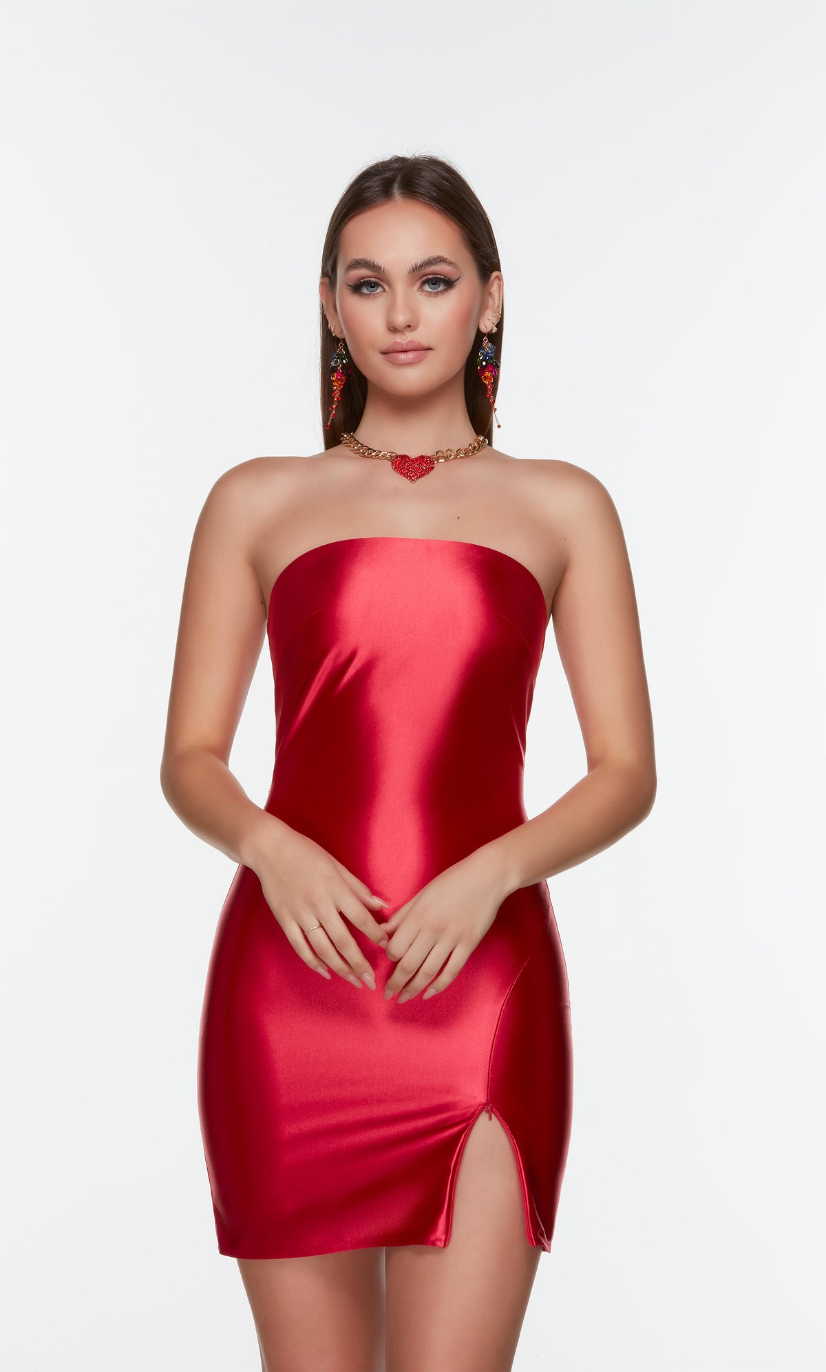 Red stretch satin homecoming dress with an adjustable front slit.