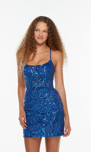 Blue sequin embellished homecoming dress with a scoop neckline. Color-SWATCH_4534__COBALT