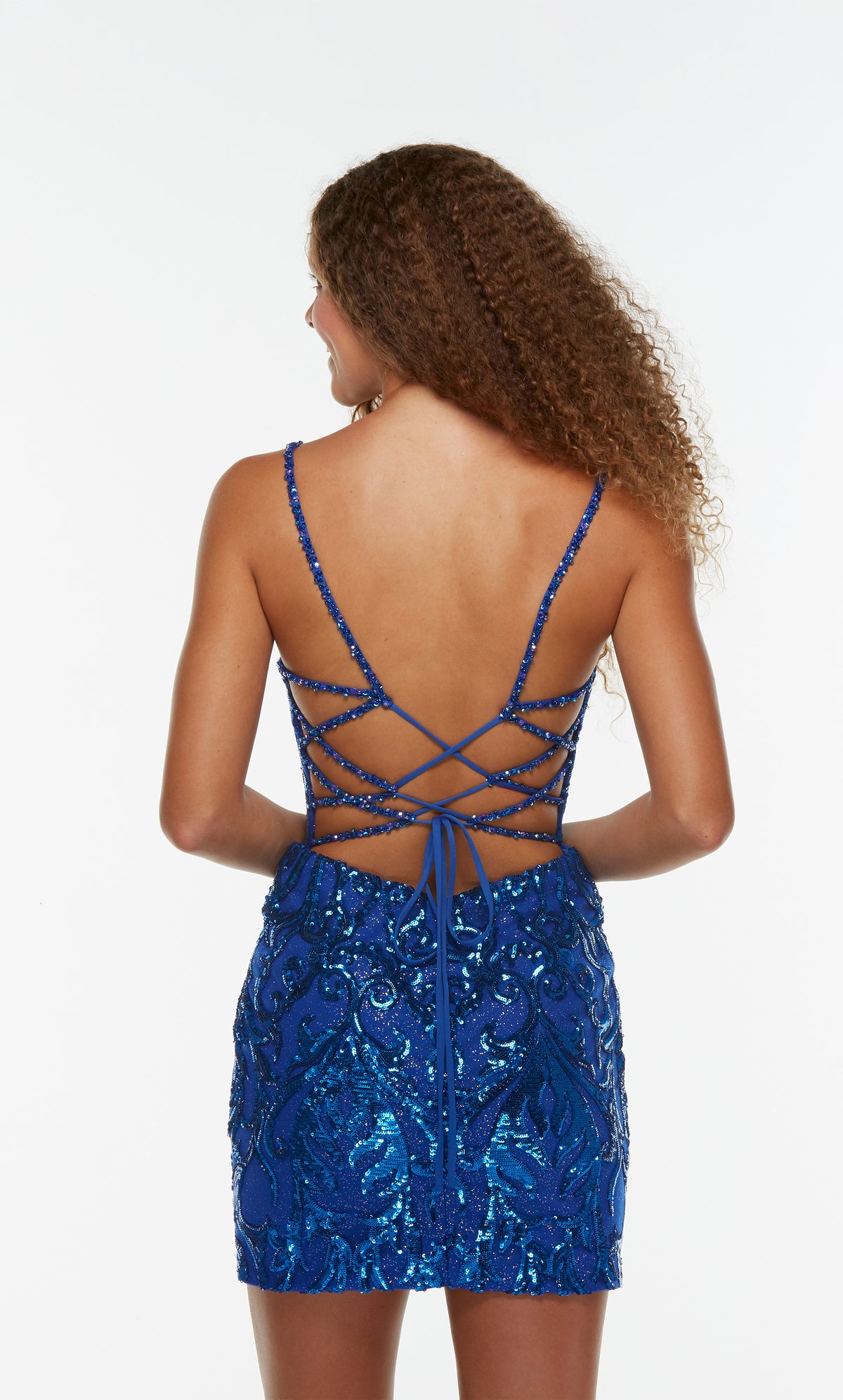 Blue sequin embellished homecoming dress with a strappy back.