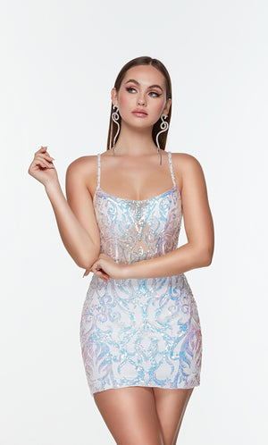 Sequin white-opal mini dress with a with a sheer corset bodice and a scoop neckline.