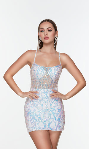 Short Iridescent sequin dress with a with a sheer corset bodice and a scoop neckline.