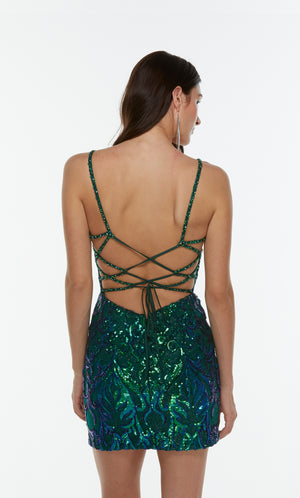Short green homecoming dress with iridescent sequins and a strappy back.