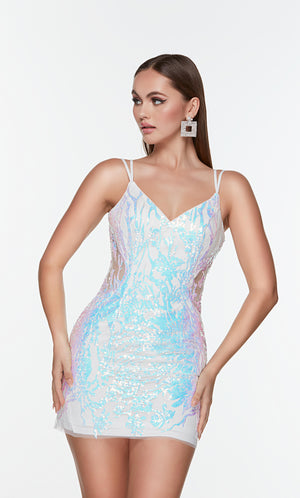 Short white homecoming dress with iridescent sequin detail, sheer side cutouts, and a V neckline. Color-SWATCH_4535__MAGIC-OPAL
