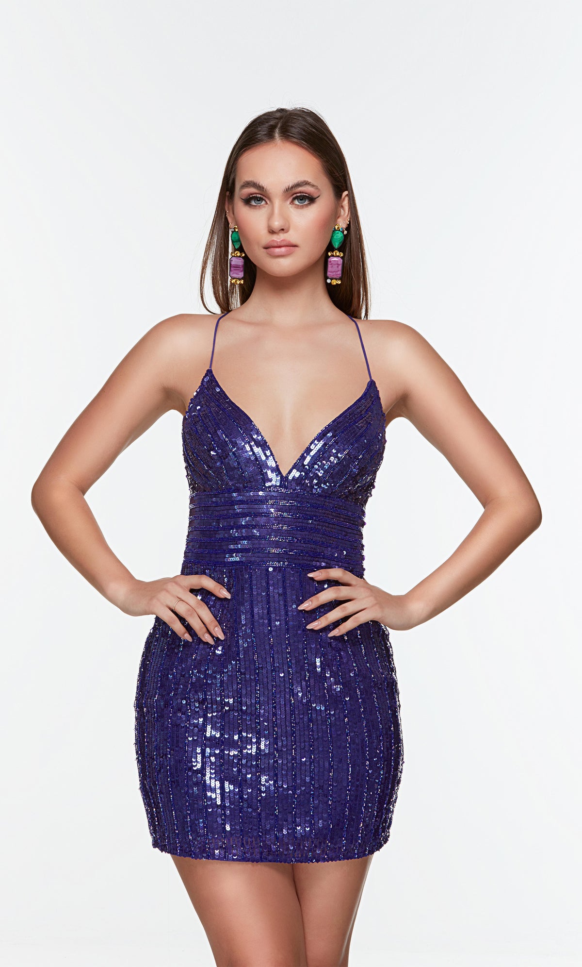Short blue beaded homecoming dress with a plunging V neckline.