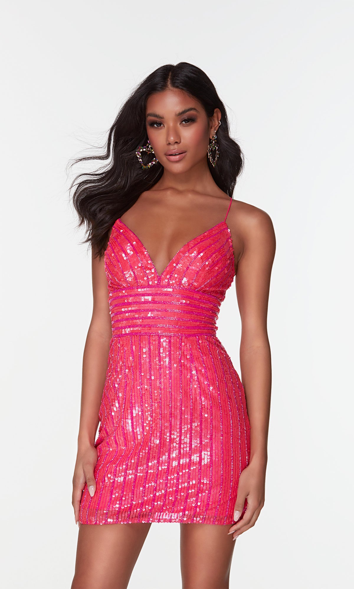 Short beaded hot pink dress with a plunging V neckline. Color-SWATCH_4536__ELECTRIC-FUCHSIA