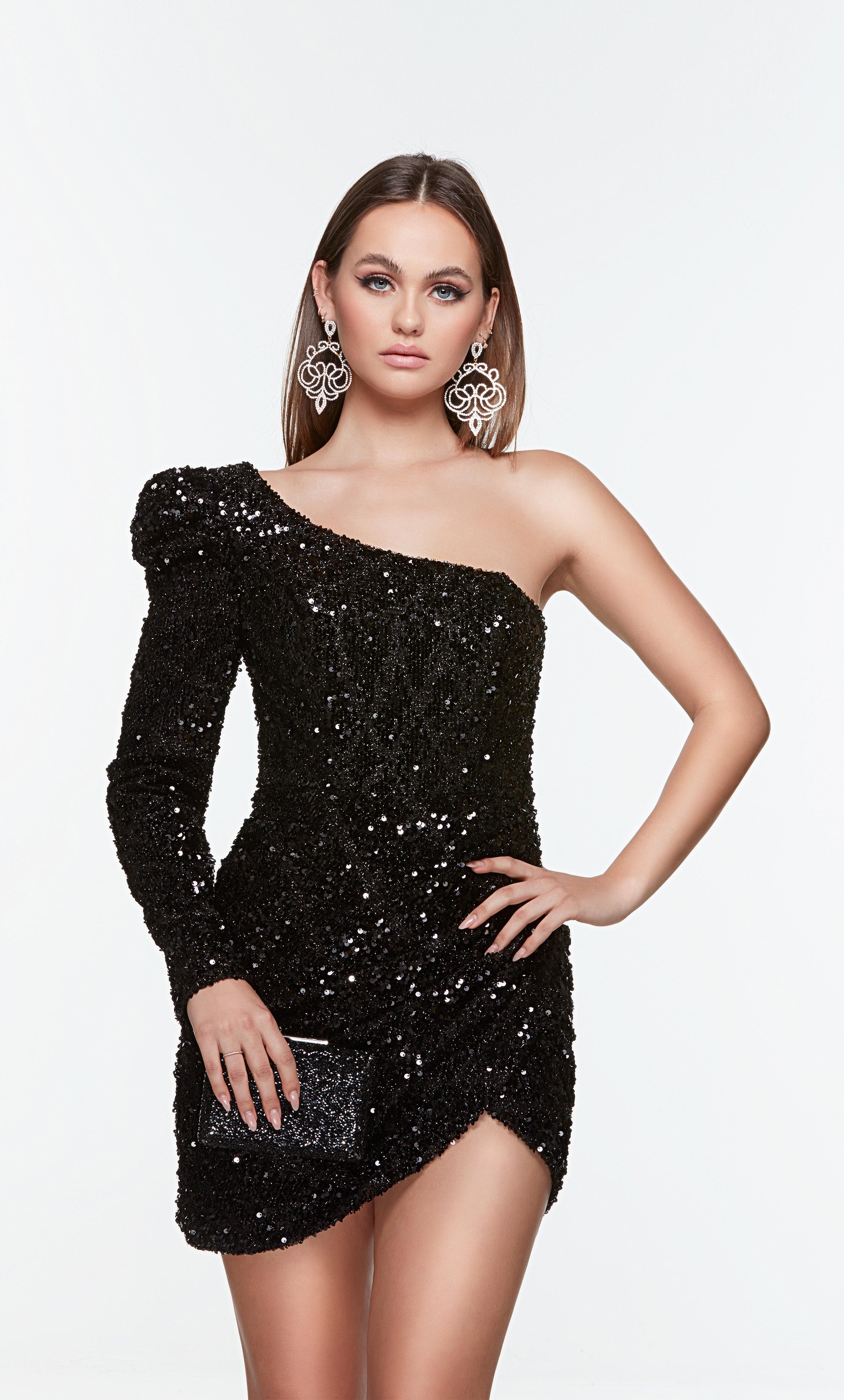 Short one sleeve mini dress in black sequins. Color-SWATCH_4539__BLACK