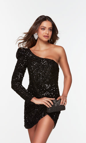 Short one sleeve mini dress in black sequins.