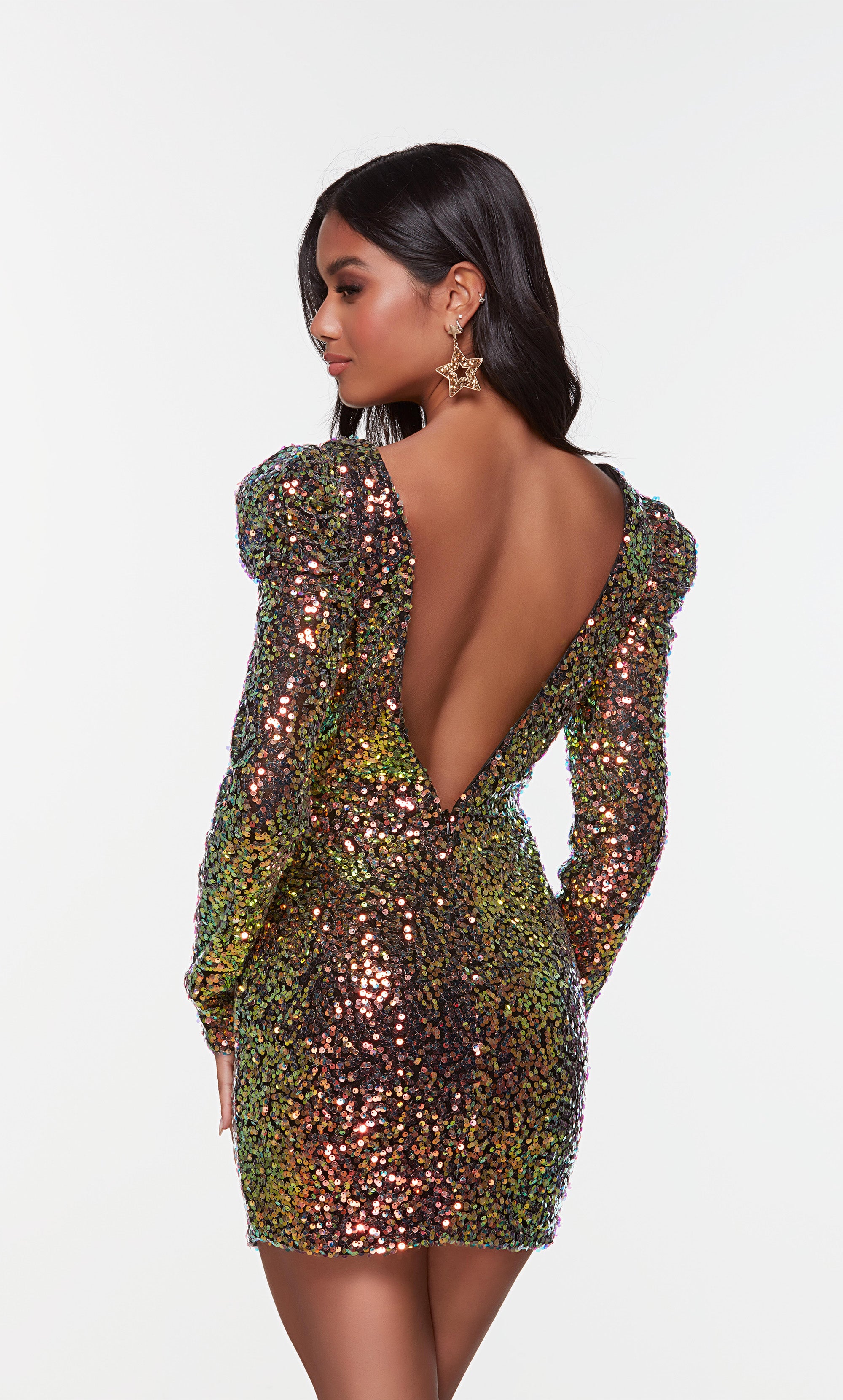 Short iridescent sequin embellished, long sleeve homecoming dress with a plunging neckline. Color-SWATCH_4540__DRAGON-SCALE