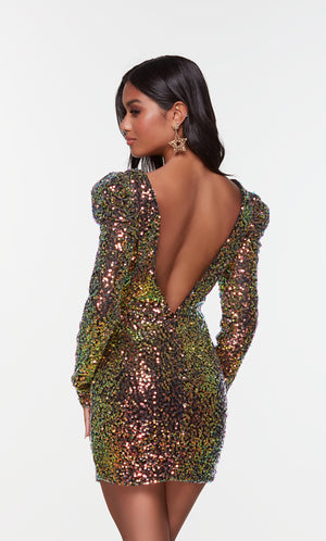 Short iridescent sequin embellished, long sleeve homecoming dress with a low V back.