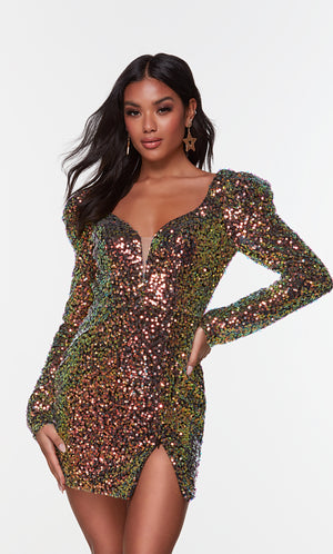 Short iridescent sequin, long sleeve homecoming dress with a plunging neckline and adjustable side slit.