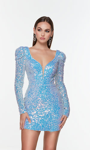 Short light purple homecoming dress with long sleeves and a plunging neckline. Color-SWATCH_4540__LIGHT-PERIWINKLE