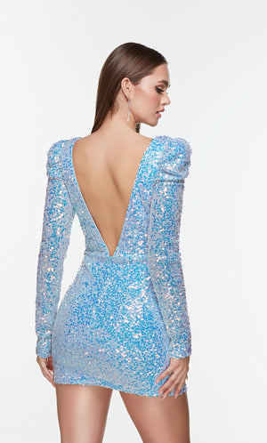 Short purple iridescent sequin dress with long sleeves and a sexy low V back.