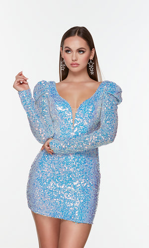 Short iridescent sequin embellished, long sleeve cocktail dress with a plunging neckline.