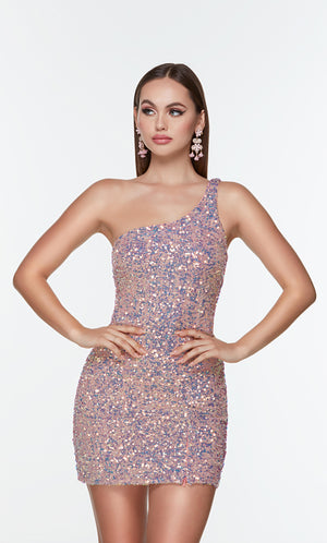 Short iridescent pink sequin dress featuring a trendy one shoulder design.