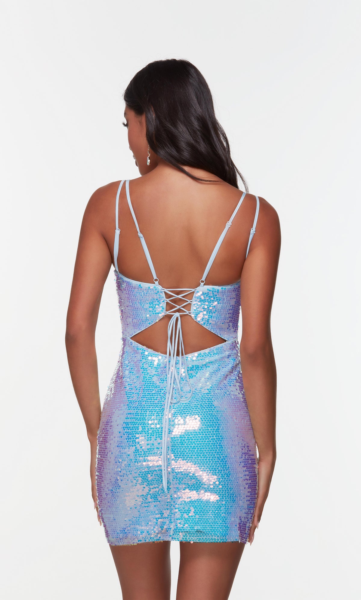 Short iridescent sequin pageant dress with a strappy back.