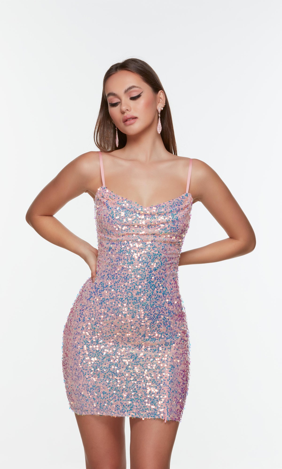 Iridescent sequin cocktail dress with a cowl neckline. Color-SWATCH_4547__PINK-OPAL
