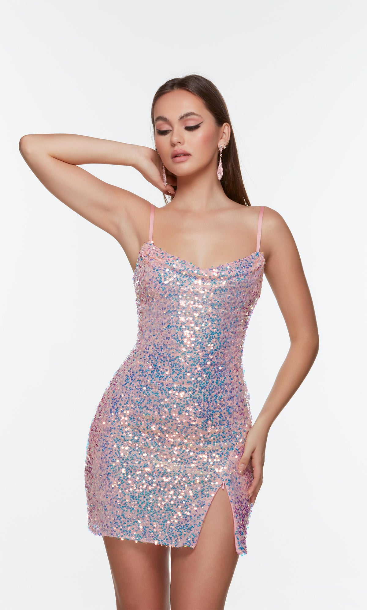 Short iridescent sequin homecoming dress with a cowl neckline and adjustable side slit.