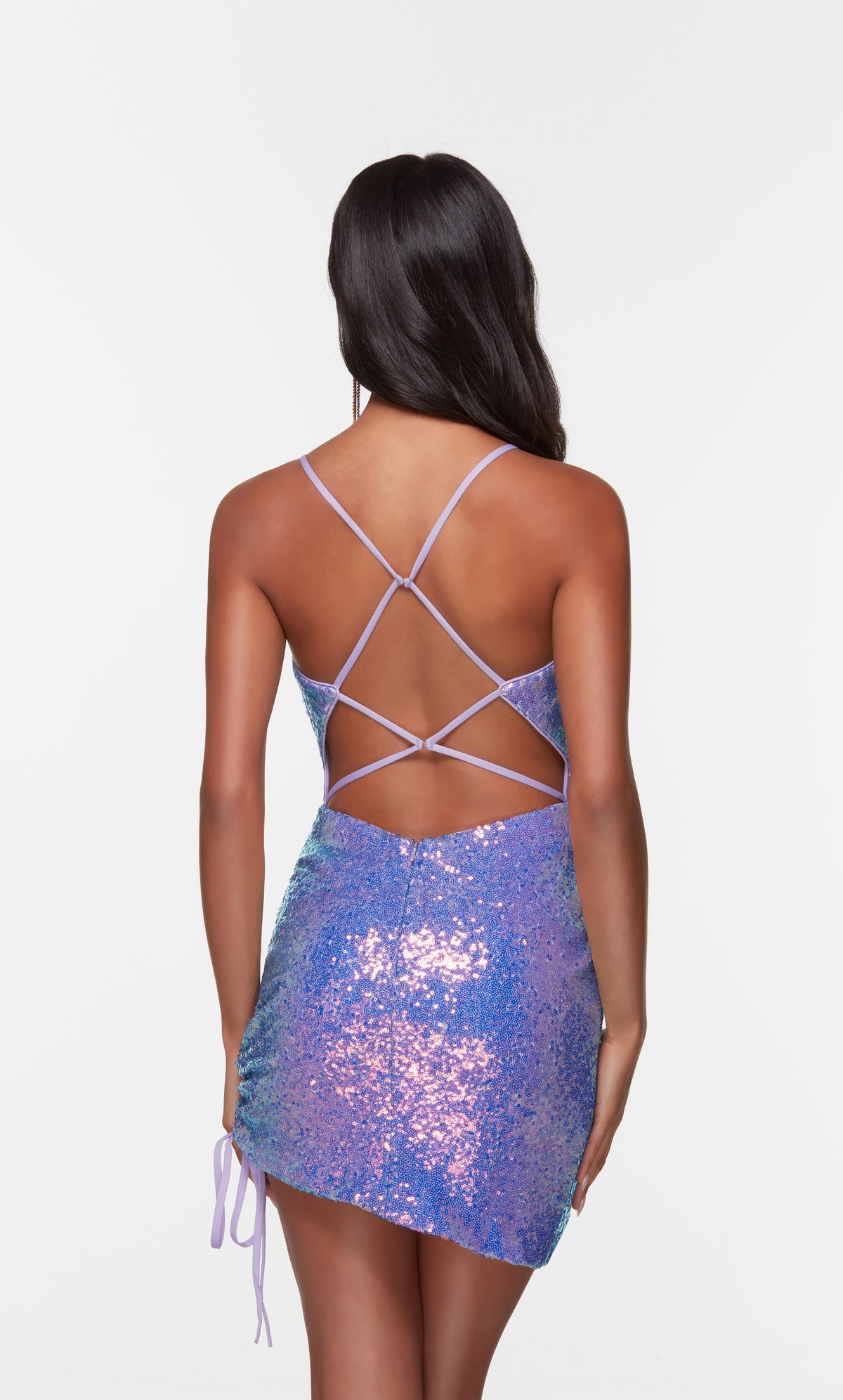 Iridescent purple homecoming dress with a strappy back and drawstring ruched side.