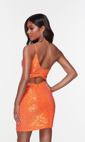 Short bright orange one shoulder homecoming dress with a keyhole back.