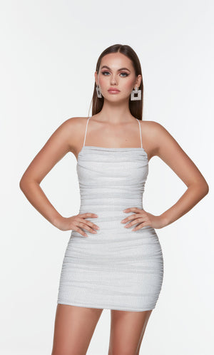 Short white ruched bodycon dress with a square neckline.