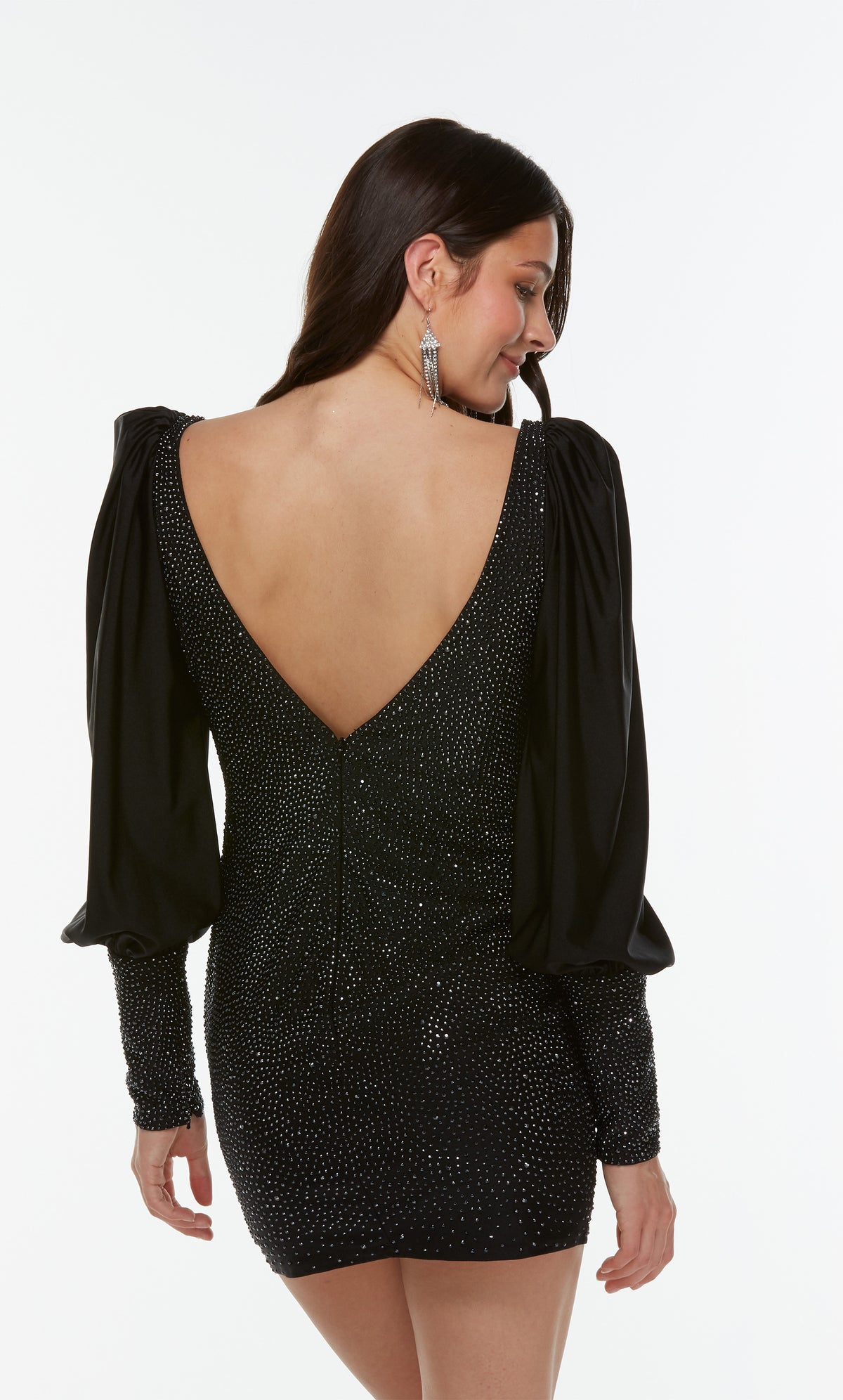 Puff sleeve sweetheart neck sparkly mini dress in black.