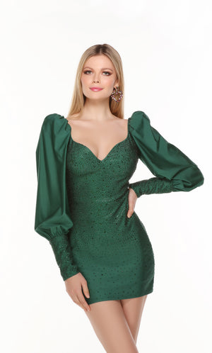 Sparkly puff sleeve dress with a sweetheart neckline in pine green. Color-SWATCH_4579__PINE