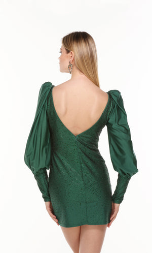 Puff sleeve sweetheart neck sparkly mini dress in pine green.