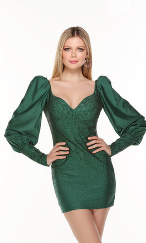 Sparkly puff sleeve dress with a sweetheart neckline in green.